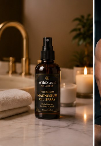 Luxury bathroom self-care scene with magnesium oil bottle