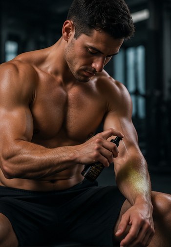 Athlete using WildSteam magnesium oil spray after training